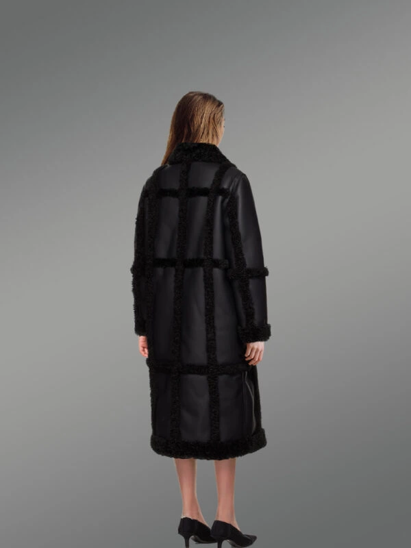 Women Shearling Classic Long Black Coat - Image 4