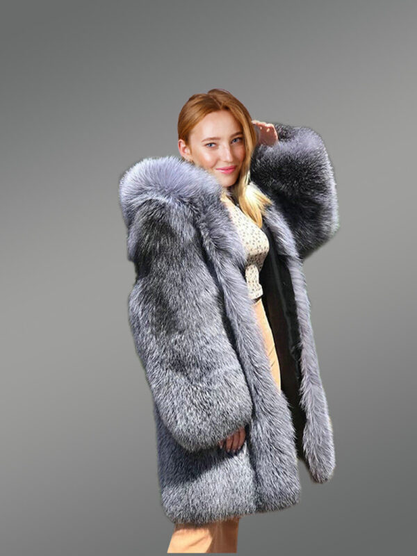 Long Silver Fox Fur Coat with Hood - Image 5