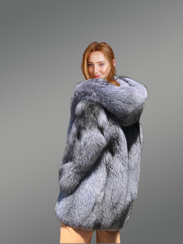Long Silver Fox Fur Coat with Hood - Image 7
