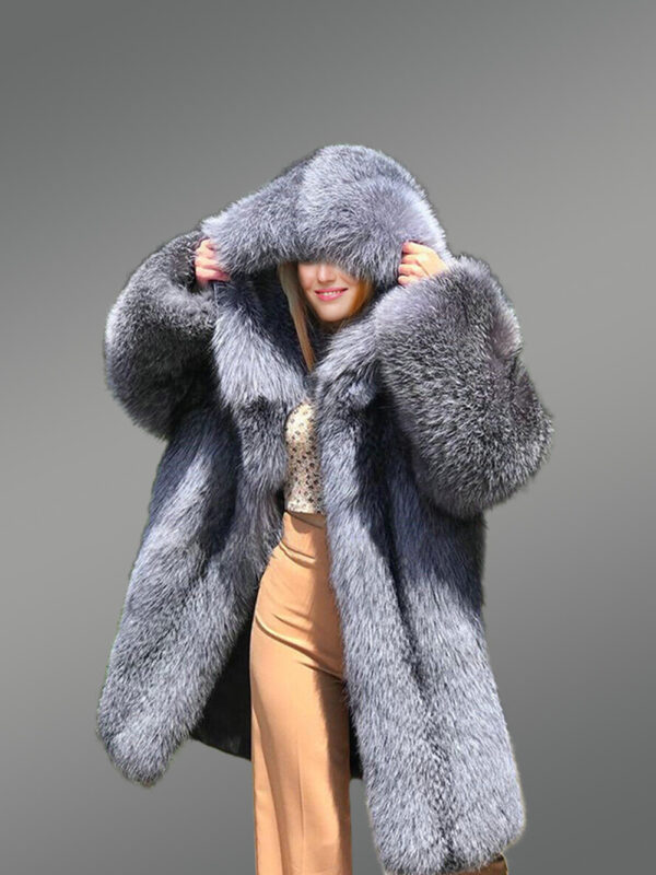 Long Silver Fox Fur Coat with Hood - Image 3