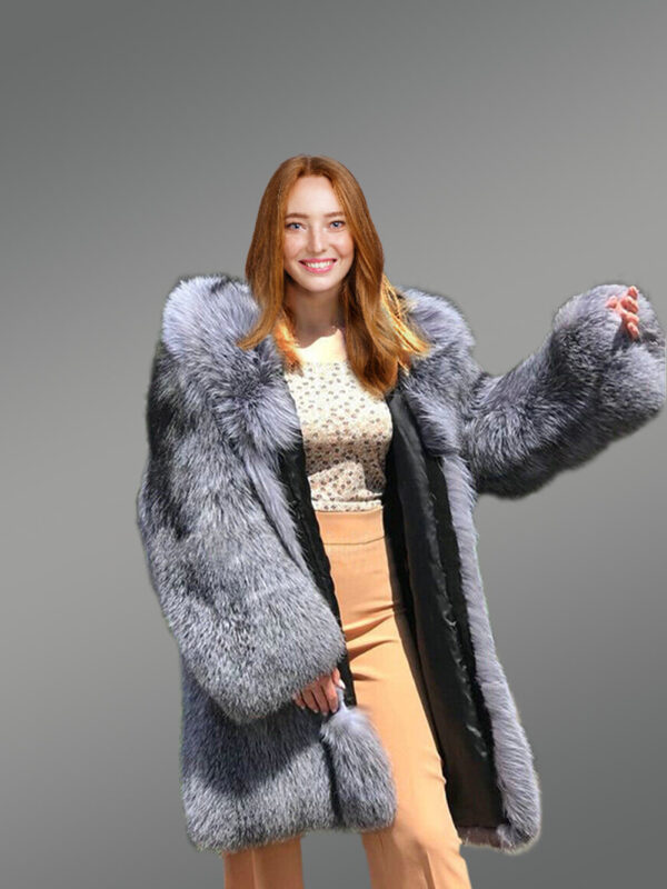Long Silver Fox Fur Coat with Hood - Image 4