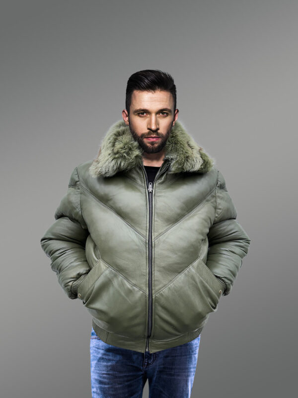 Olive Leather Bomber Jacket With Fur - Image 2