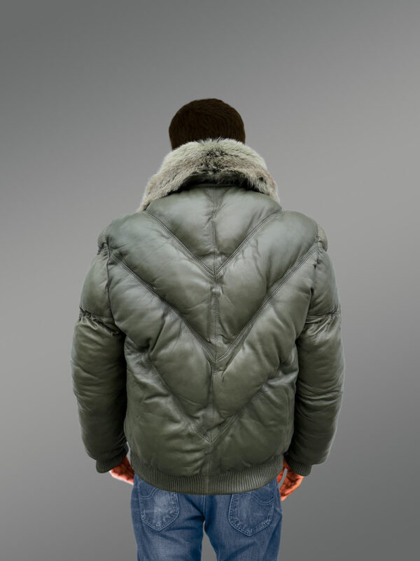 Olive Leather Bomber Jacket With Fur - Image 4