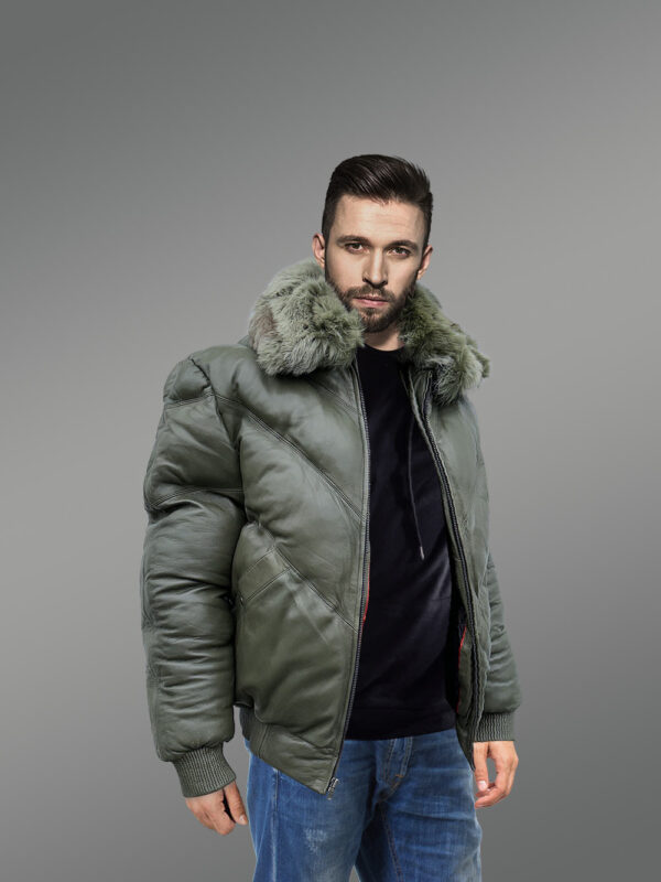 Olive Leather Bomber Jacket With Fur - Image 3