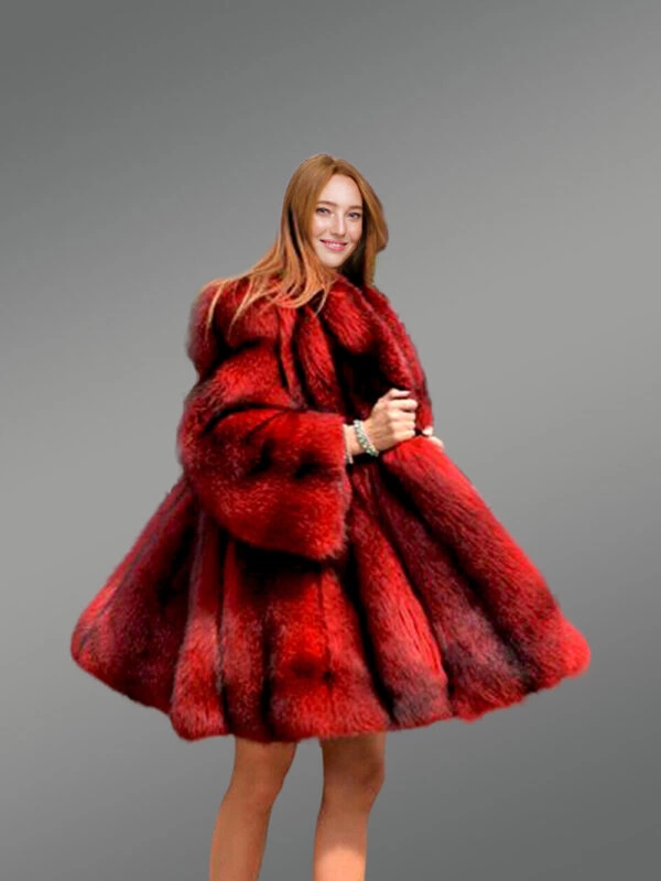 Dressy Cross Fox Fur Coat in Blood Red
