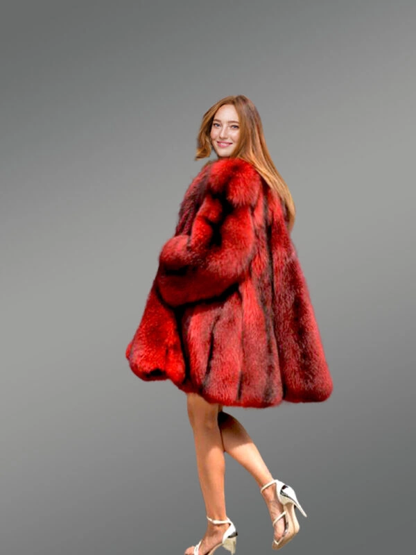 Dressy Cross Fox Fur Coat in Blood Red - Image 4