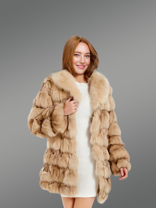 Women’s Mid Length Fox Fur coat with Fox Fur Collar in Beige - Image 2