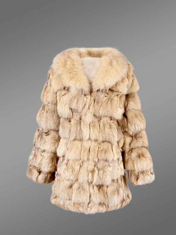 Women’s Mid Length Fox Fur coat with Fox Fur Collar in Beige - Image 4