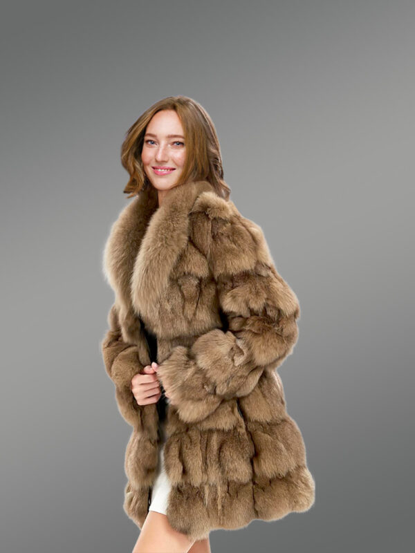 Women’s Mid Length Fox Fur coat with Fox Fur Collar in Brown - Image 4