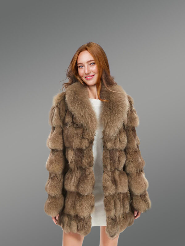 Women’s Mid Length Fox Fur coat with Fox Fur Collar in Brown - Image 2