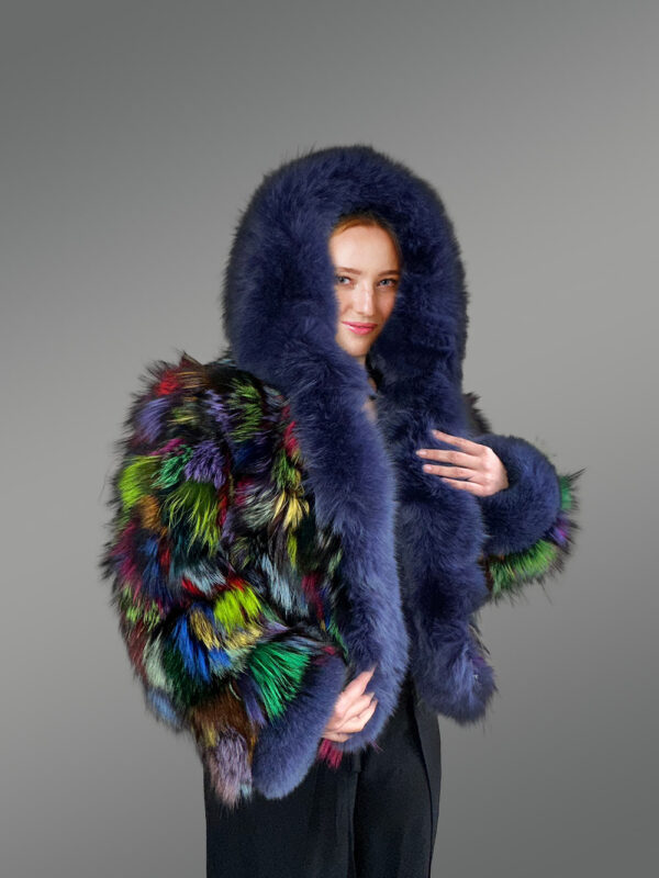 Multicolor Crop Fox Fur Jacket with Accentuated Frontline and Cuffs - Image 3