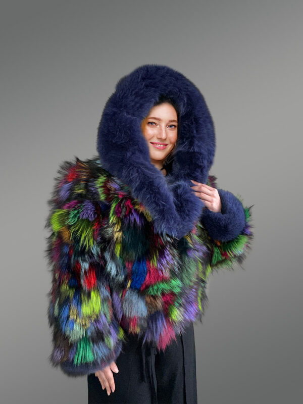Multicolor Crop Fox Fur Jacket with Accentuated Frontline and Cuffs - Image 2