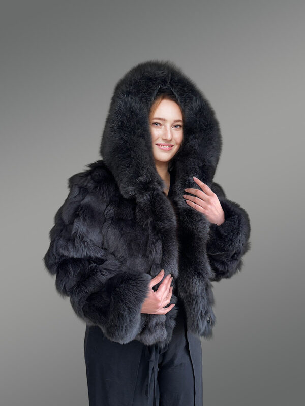 Womens Fox Fur Crop Jacket with Hood for Warmth and Fashion - Image 4