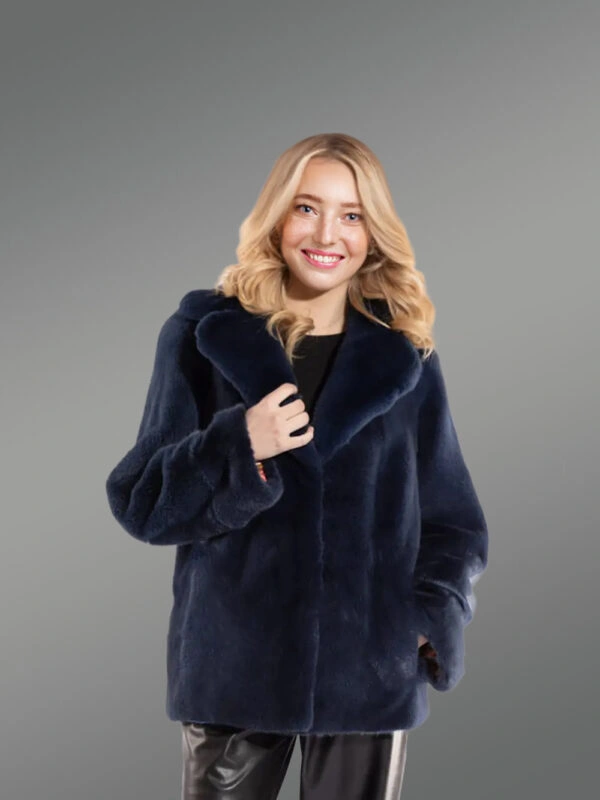 Full Skin Mink Coat with Lapel in Navy Blue - Image 6