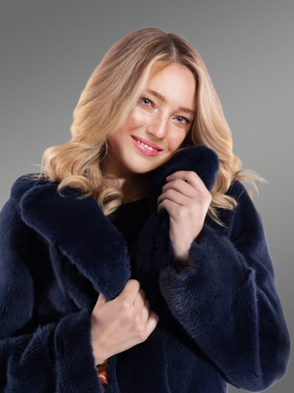 Full Skin Mink Coat with Lapel in Navy Blue - Image 7