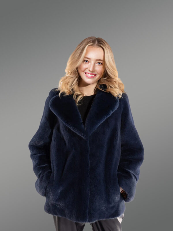 Full Skin Mink Coat with Lapel in Navy Blue
