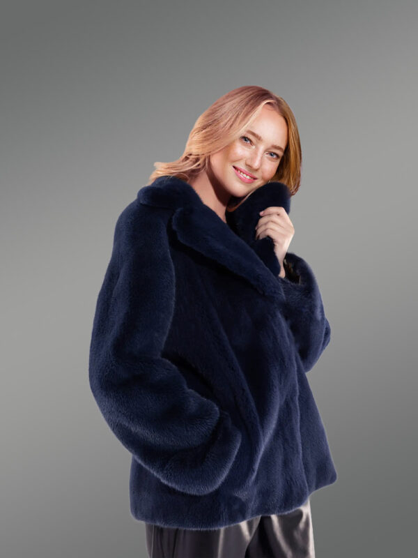 Full Skin Mink Coat with Lapel in Navy Blue - Image 4