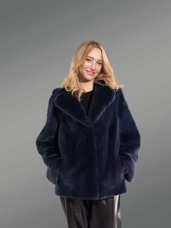 Full Skin Mink Coat with Lapel in Navy Blue - Image 2