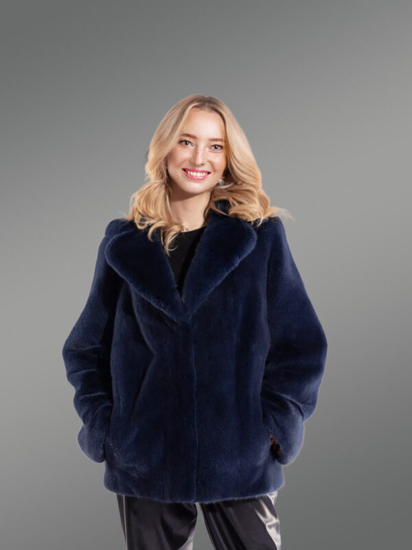 Full Skin Mink Coat with Lapel in Navy Blue - Image 3