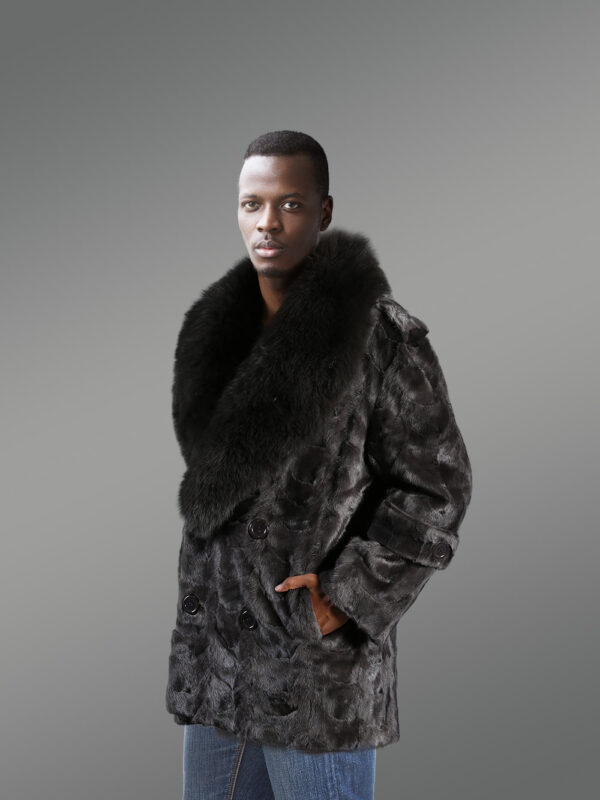 Men’s Oversized Sheared Blue Iris Section Mink Pea Coat With Fox Fur Collar