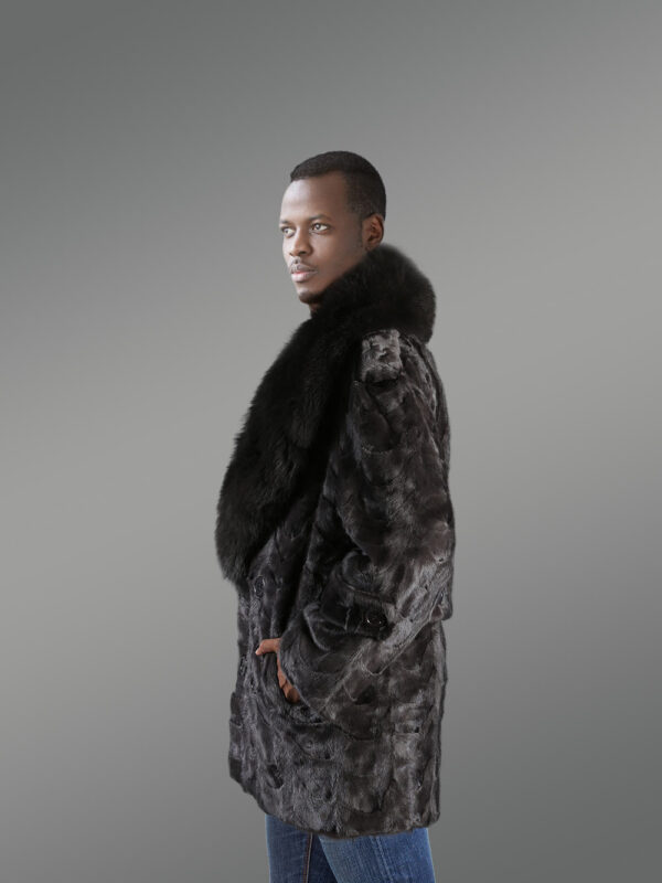 Men’s Oversized Sheared Blue Iris Section Mink Pea Coat With Fox Fur Collar - Image 2