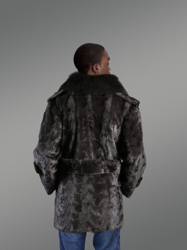 Men’s Oversized Sheared Blue Iris Section Mink Pea Coat With Fox Fur Collar - Image 3