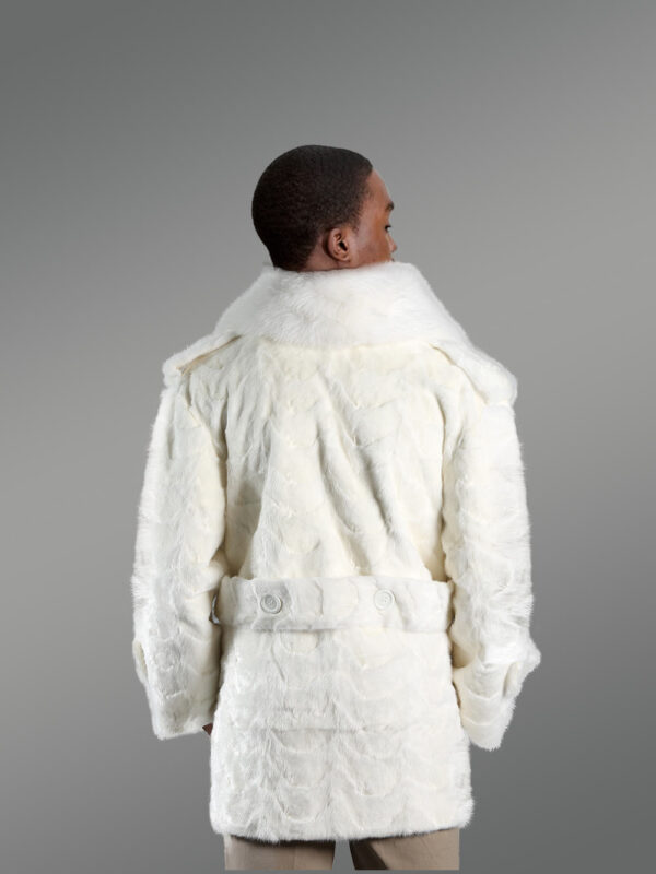 Men’s Oversized Sheared Blue Iris Section Mink Pea Coat With Fox Fur Collar in White - Image 3