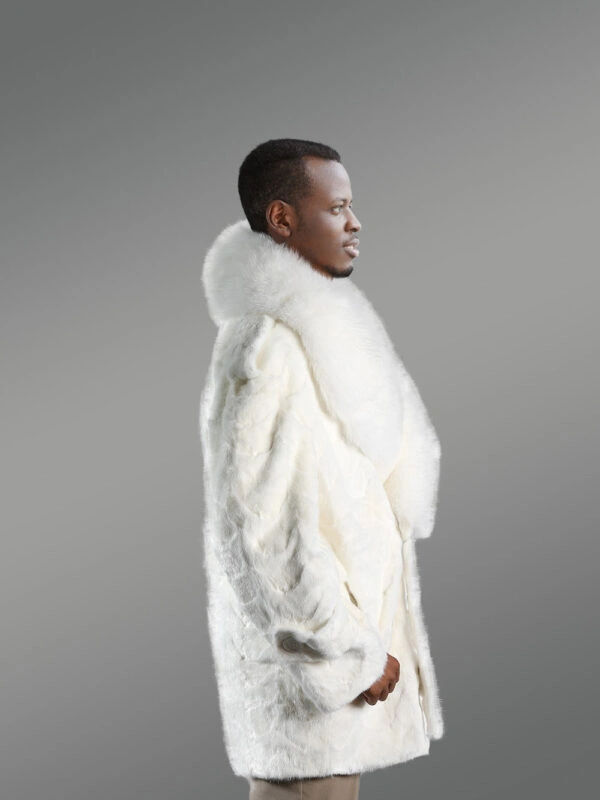Men’s Oversized Sheared Blue Iris Section Mink Pea Coat With Fox Fur Collar in White - Image 2