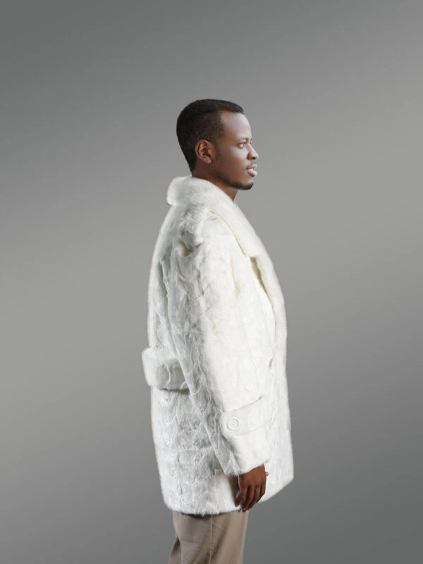 Men’s Oversized Sheared Blue Iris Section Mink Pea Coat With Full Skin Mink Collar in White - Image 2
