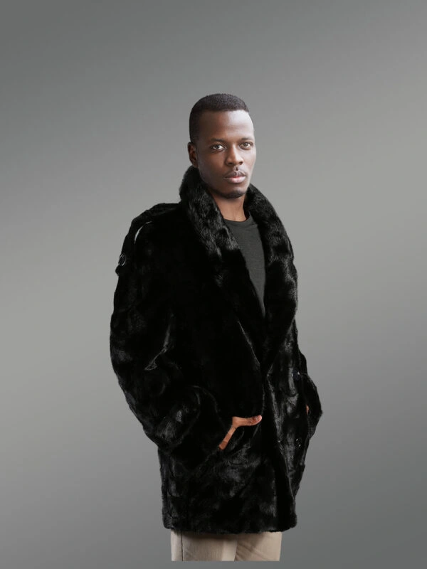 Men’s Oversized Sheared Section Mink Pea Coat With Full Skin Mink Collar in Black