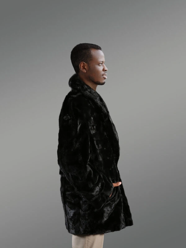 Men’s Oversized Sheared Section Mink Pea Coat With Full Skin Mink Collar in Black - Image 2