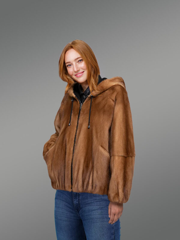 Reversible Mink Fur Bomber Jacket with Hood for Women - Image 3