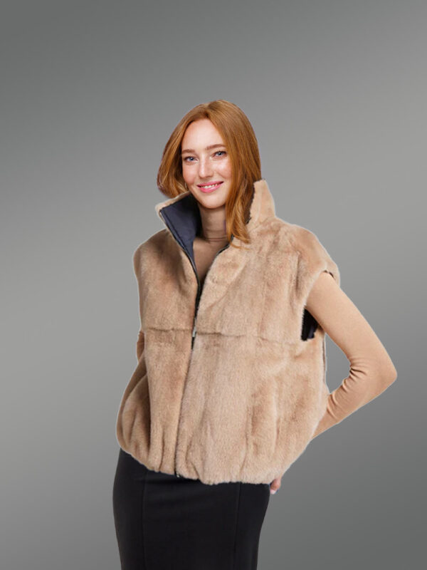 Women’s Reversible Mink Bomber Vest - Image 6
