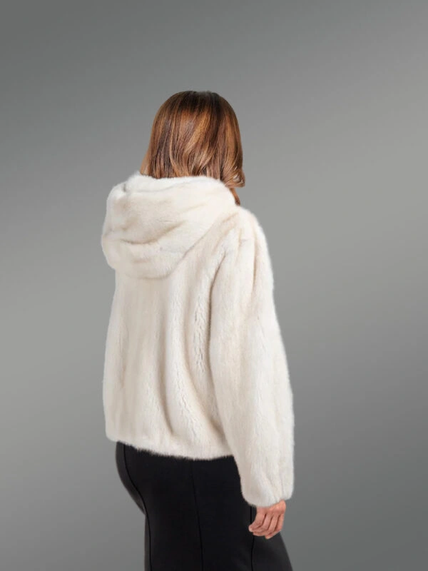 Women Full Skin Mink Bomber with Hood in Natural White - Image 4