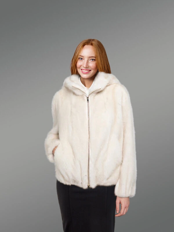 Women Full Skin Mink Bomber with Hood in Natural White