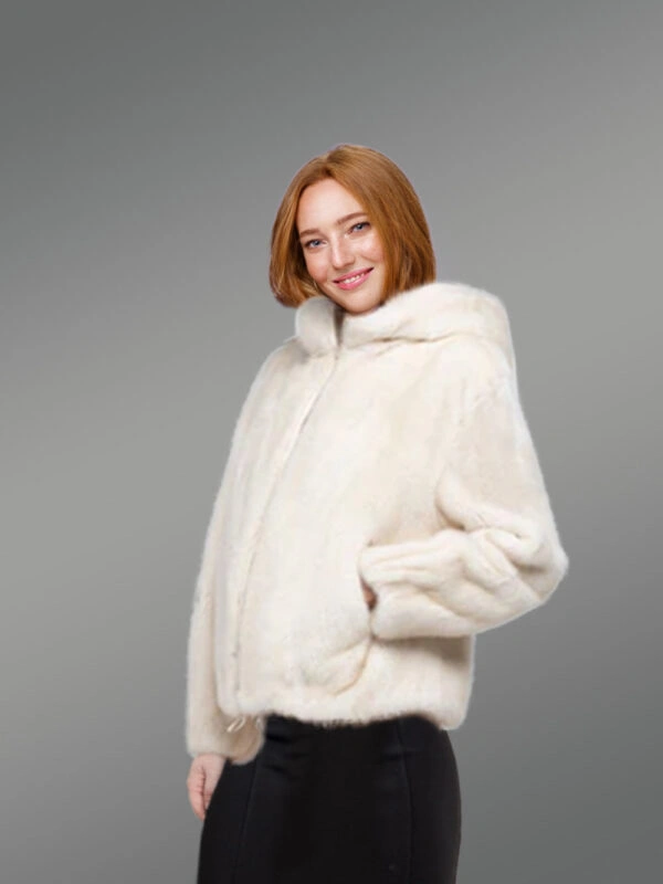 Women Full Skin Mink Bomber with Hood in Natural White - Image 2