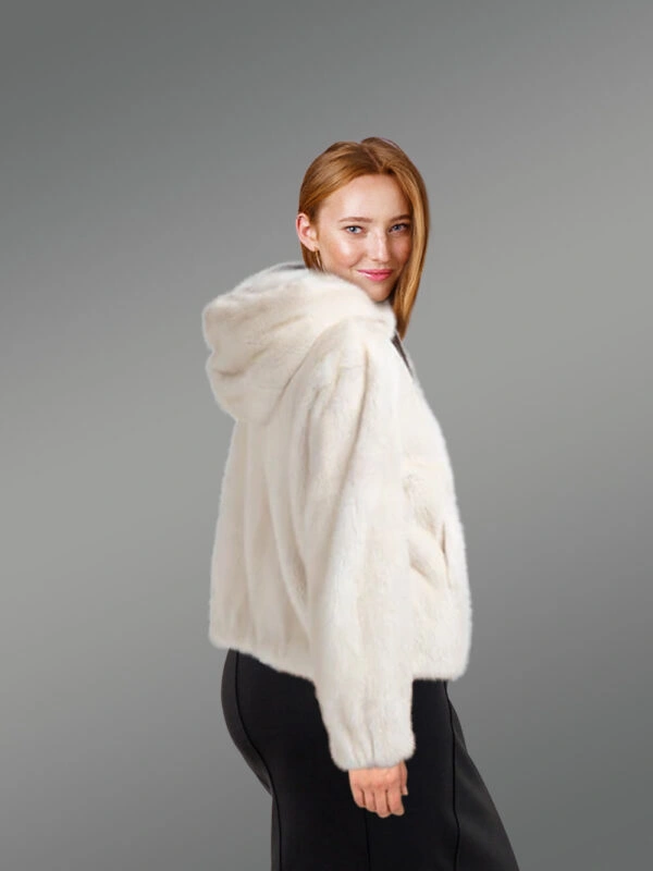 Women Full Skin Mink Bomber with Hood in Natural White - Image 3