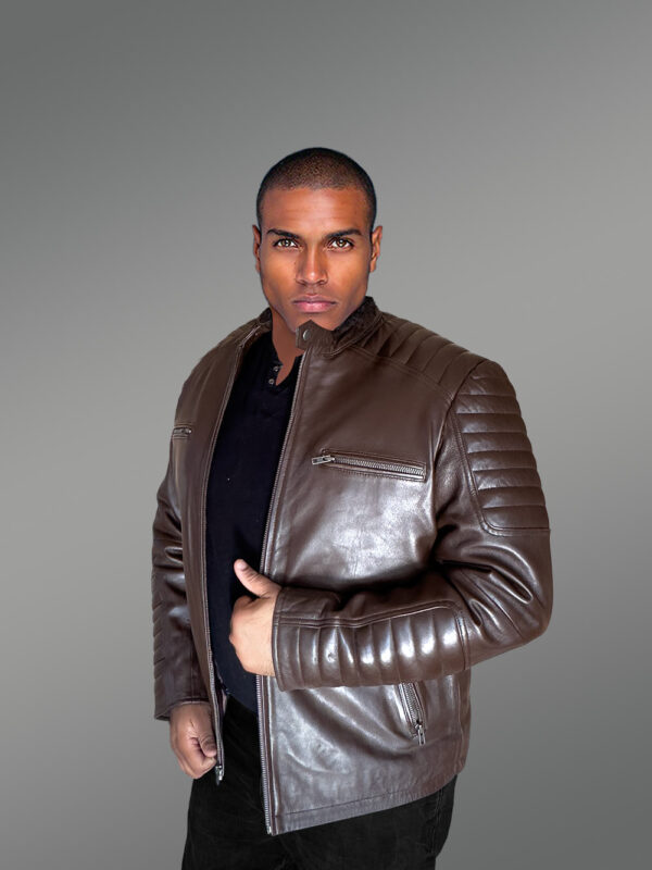 Brown Leather Jacket with Zippers Stylizing Men with Utmost Comfort - Image 2