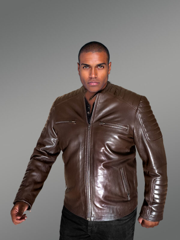 Brown Leather Jacket with Zippers Stylizing Men with Utmost Comfort - Image 4