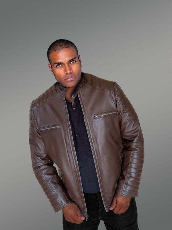 Brown Leather Jacket with Zippers Stylizing Men with Utmost Comfort - Image 6