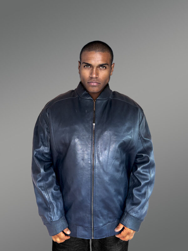 Mens baseball Leather Bomber Jacket in Navy - Image 6