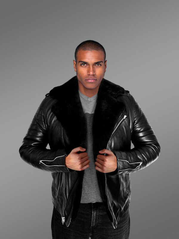 Men’s Biker Leather Jacket with Sheepskin Frontline - Image 3