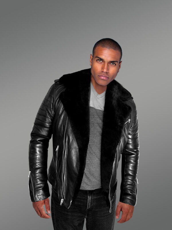 Men’s Biker Leather Jacket with Sheepskin Frontline - Image 4