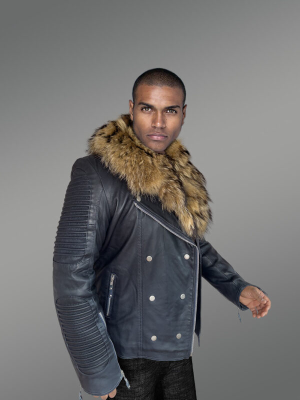 Men’s Biker Jacket in Navy with Raccoon Collar - Image 2