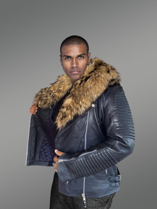 Men’s Biker Jacket in Navy with Raccoon Collar - Image 3