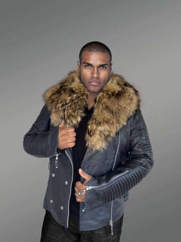 Men’s Biker Jacket in Navy with Raccoon Collar