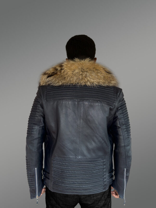 Men’s Biker Jacket in Navy with Raccoon Collar - Image 5