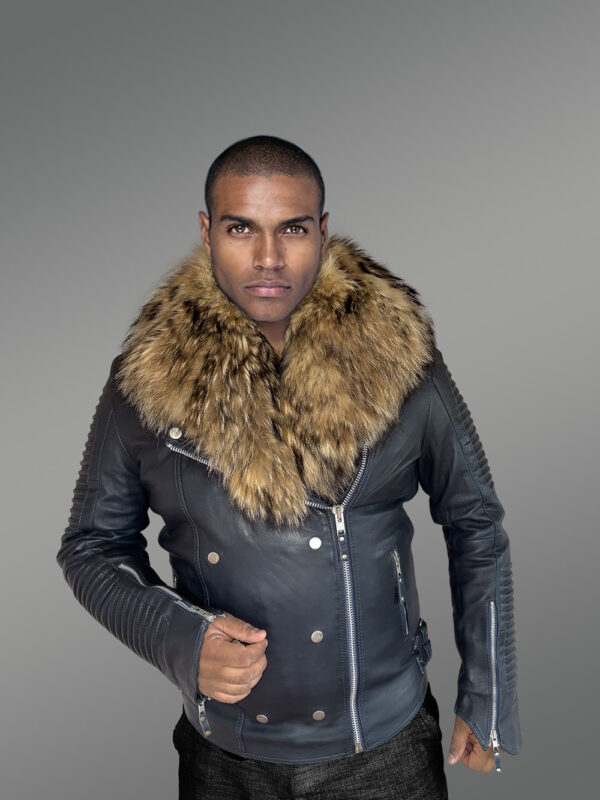 Men’s Biker Jacket in Navy with Raccoon Collar - Image 6
