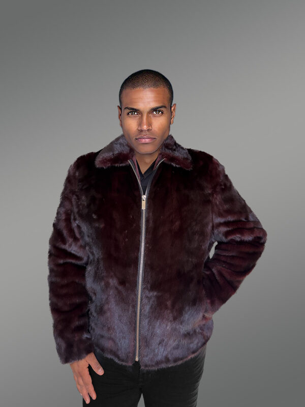 Men’s Fullskin Mink Bomber in Burgundy - Image 4