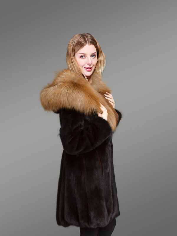 Black Mink Fur Coat with Fox Fur Lapel – Graceful Appearance & Cozy Warmth - Image 2